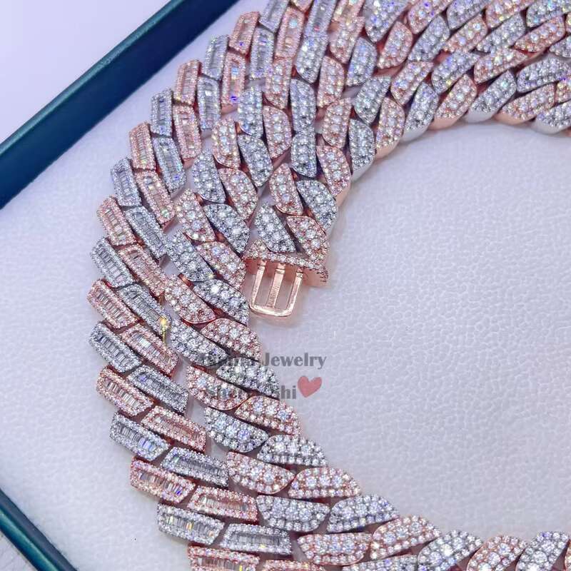 Rose Gold 2 Tone Plated Over Sterling Silver 15 mm Vvs Moissanite Hip Hop Cuban Link Chain