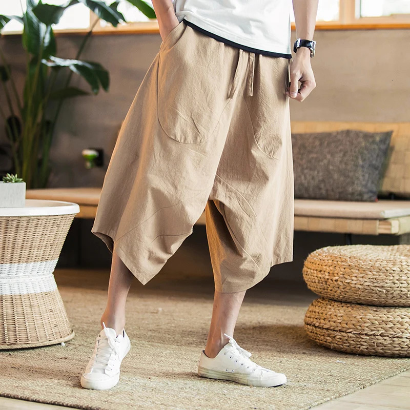 Men Harajuku Harem Pants Mens Summer Cotton Linen Joggers Pants Male Vintage Chinese Style Soild Color Calf-lenght Trousers 250402