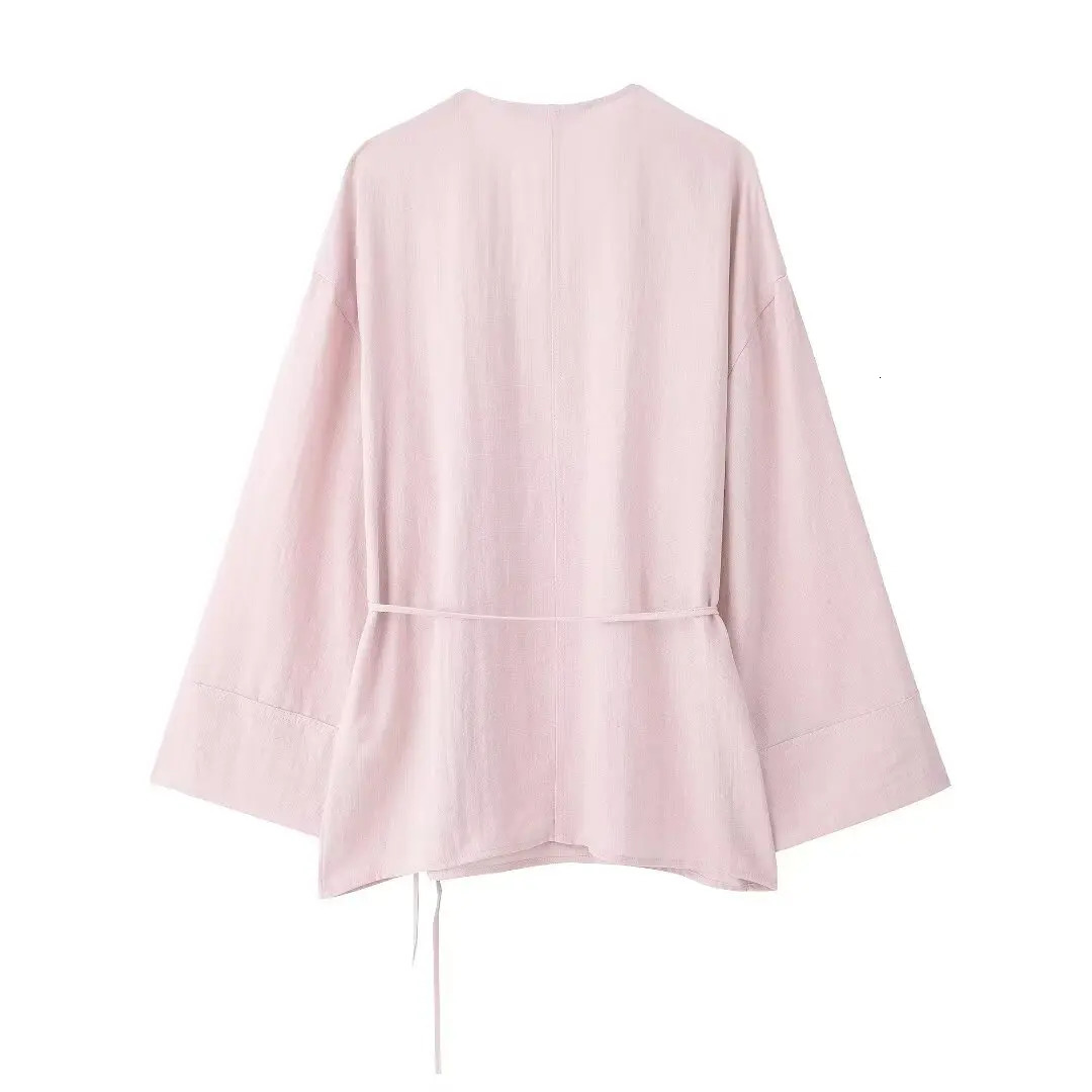 TRAF Linen Kimono Shirt Womens Solid Color Tie Shirt Casual Straight Trouser Set Fashion Cut Shirt Womens and Family Clothing 250401