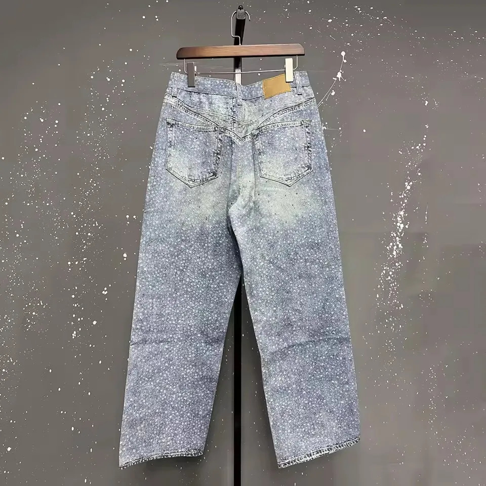 Streetwear Vintage Rhinestone Sequin Washed Jeans Y2K Mens Womens Hip Hop Starry Blue Baggy Jeans Mid Rise Wide Leg Trousers 251031