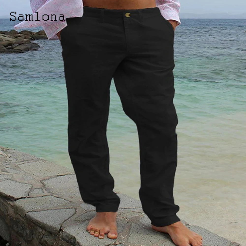 2025 Mens Casual Pocket Linen Pants Solid White Gray Trouser Plus Size Mens Elegant Fashion Sweatpants Men Daily Beachwear 250402