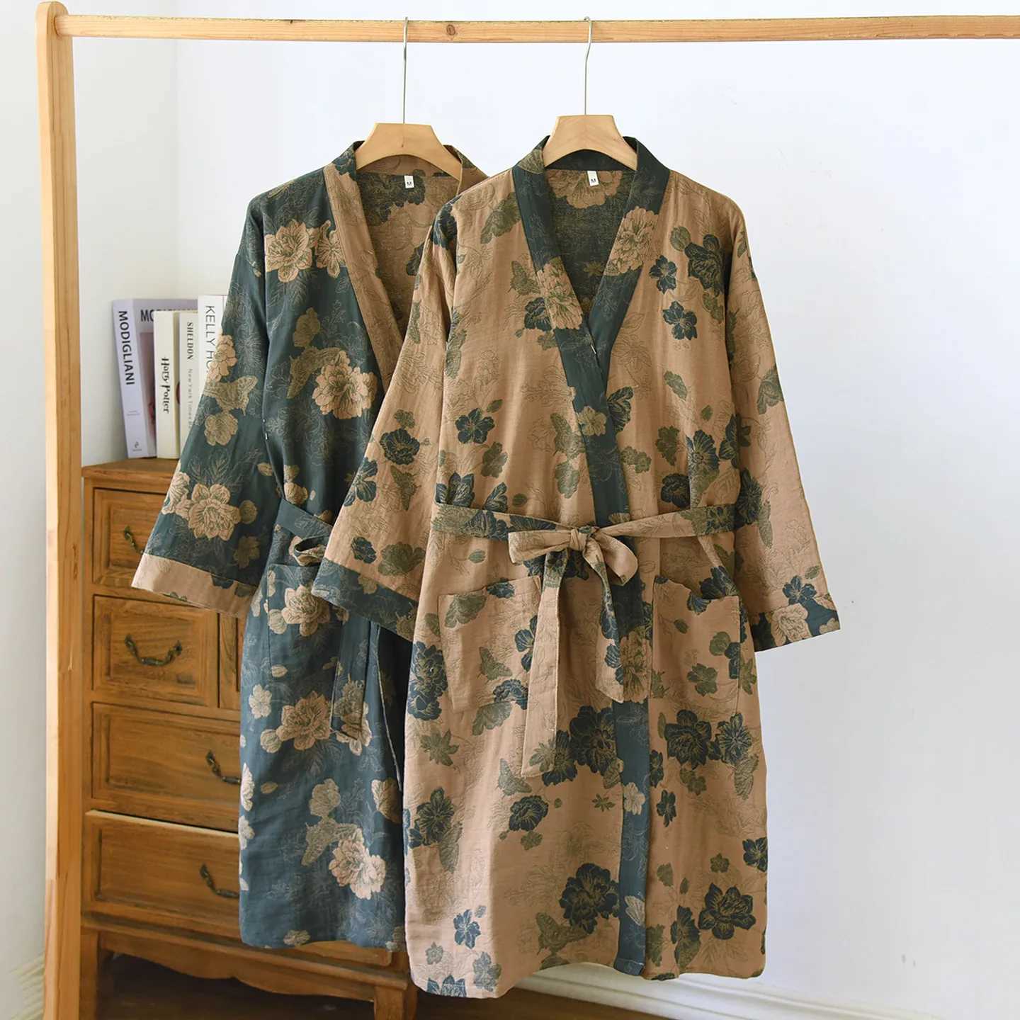 100 Cotton Vintage Print Dressing Gowns For Women Casual Home Wear Robe Loose Autumn Winter Bathrobe Female Room Wear Sleepwear C251104