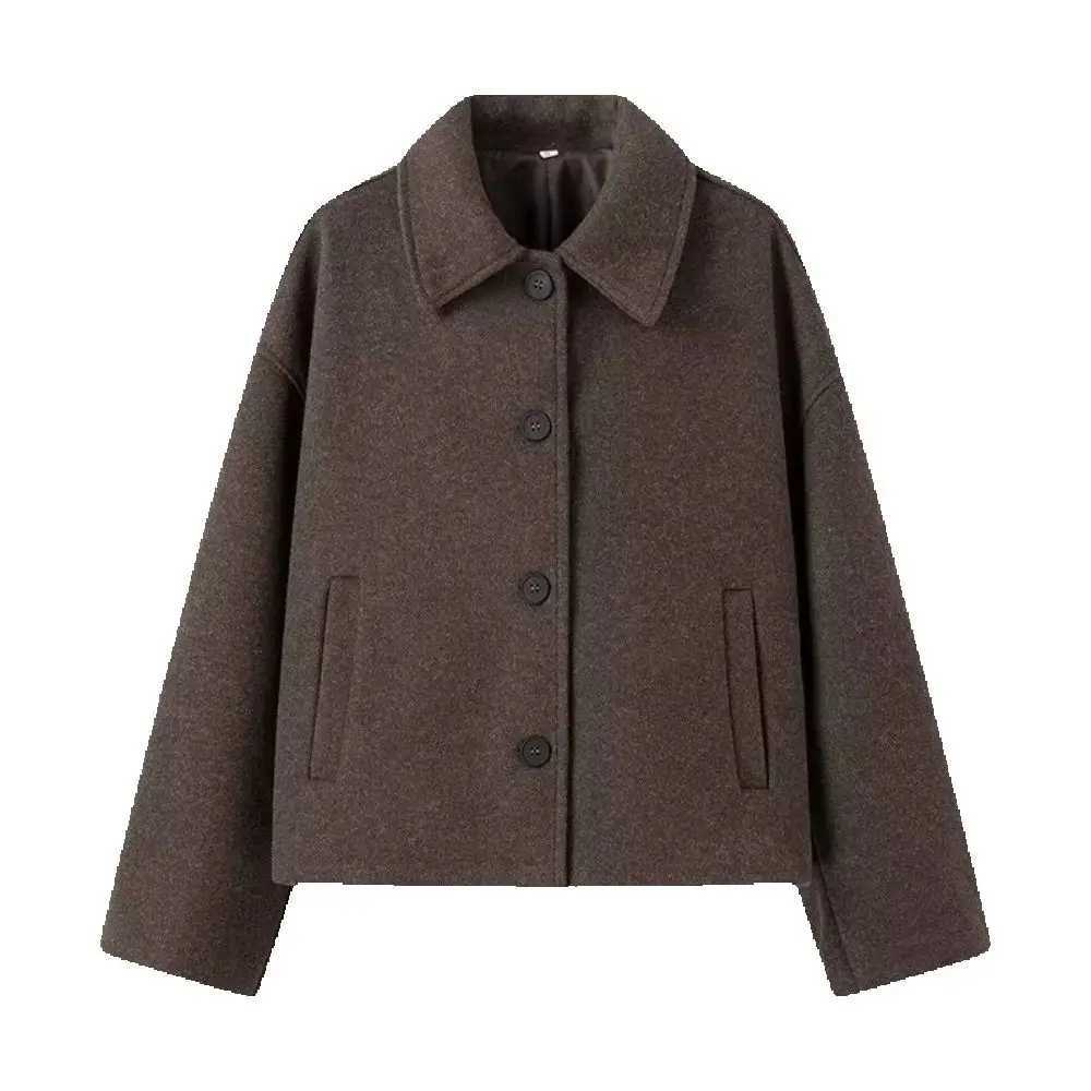 womens woolen loose top with lapel long sleeved button pocket autumn and winter new fashion woolen short jacket J251103
