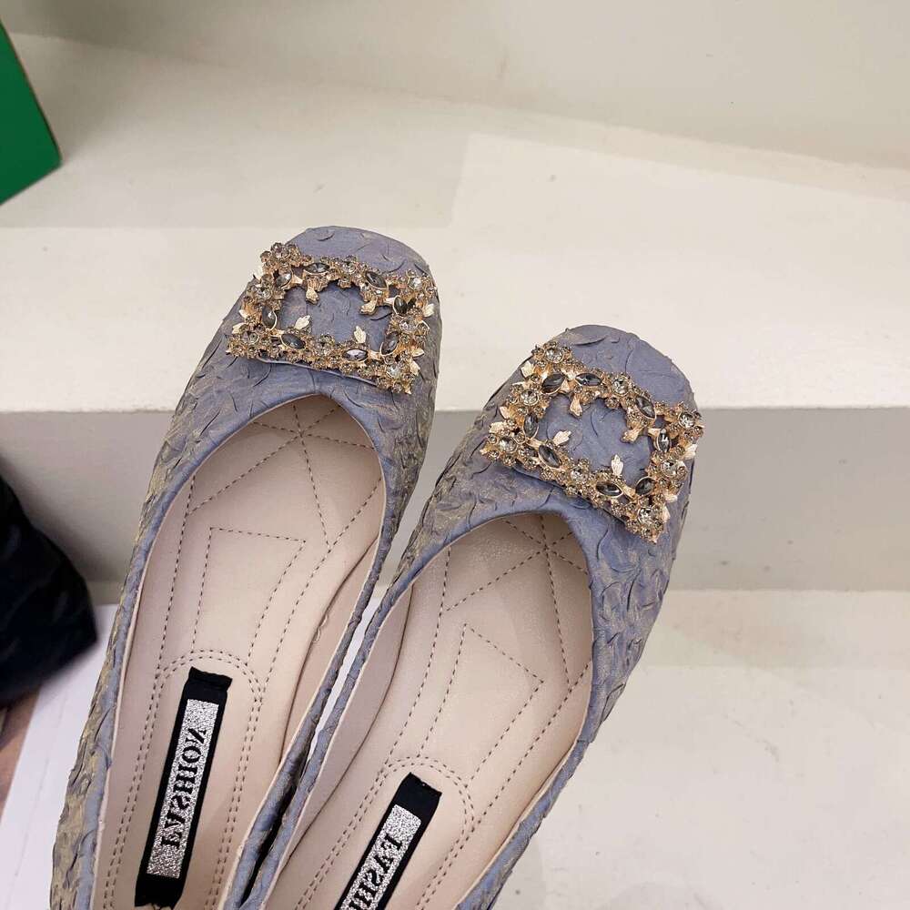 Single shoe women's 2024 spring/summer new fairy style shallow mouth one foot casual rhinestone square toe bean shoes