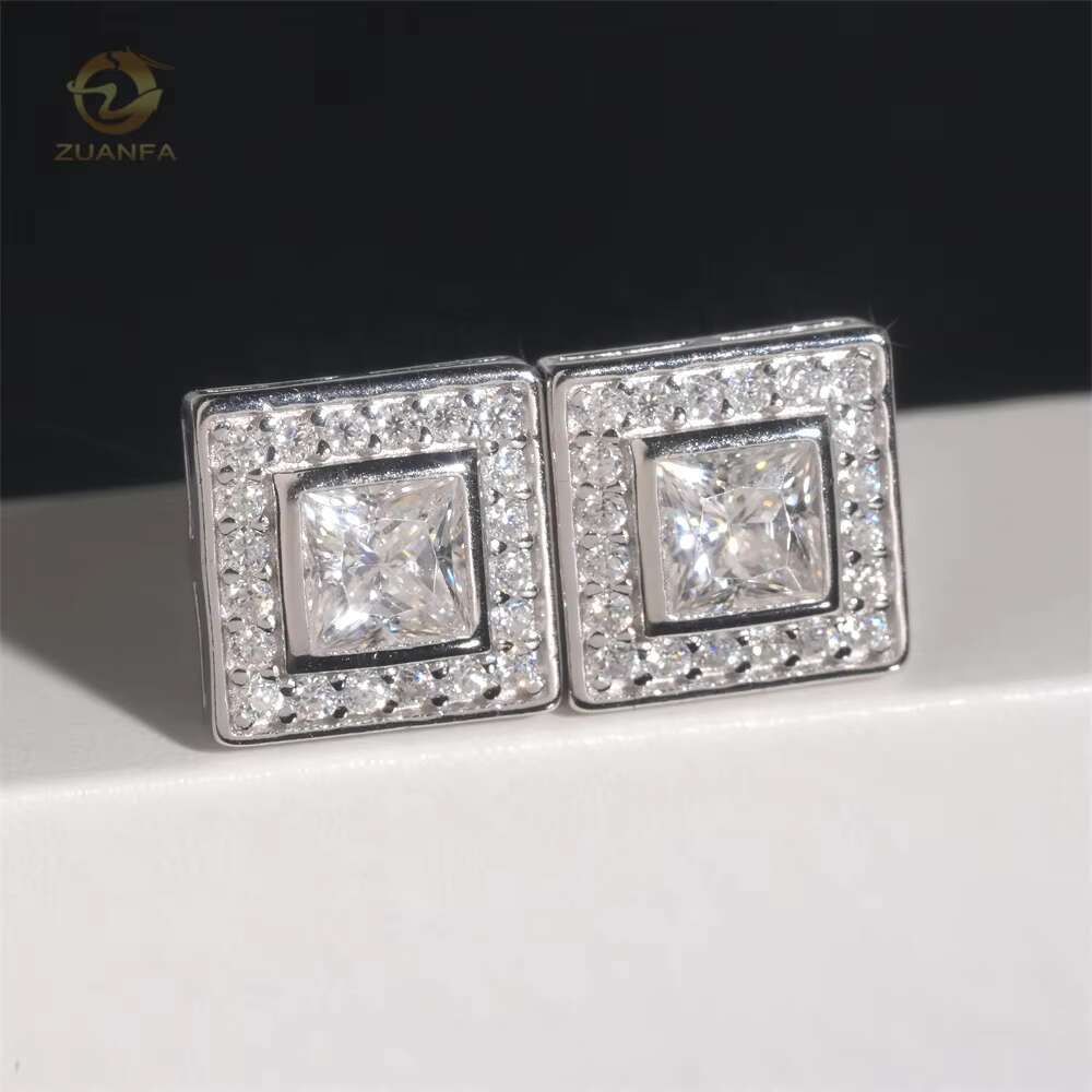 Hip Hop High Quality Iced Out Screw Back Stud Moissanite Diamond Square Earrings for Men