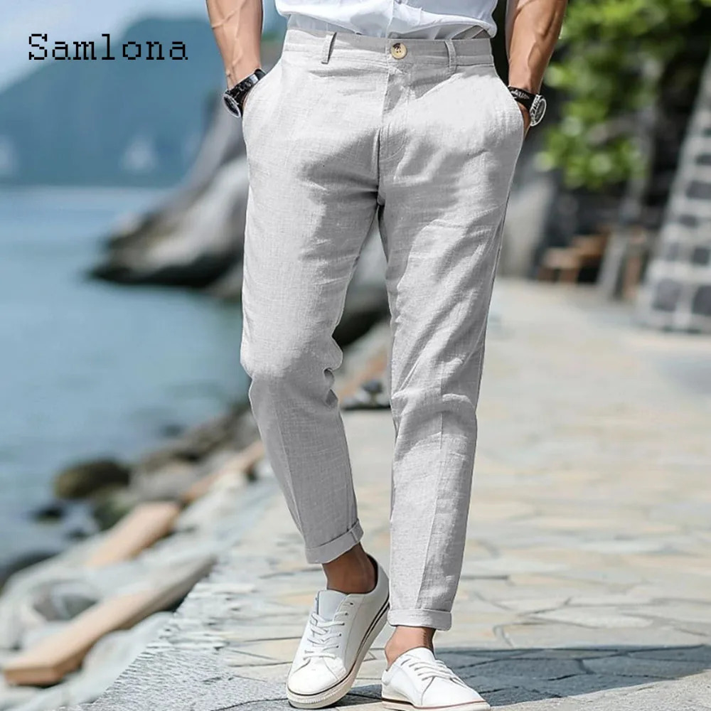 2025 Mens Casual Pocket Linen Pants Solid White Gray Trouser Plus Size Mens Elegant Fashion Sweatpants Men Daily Beachwear 250402