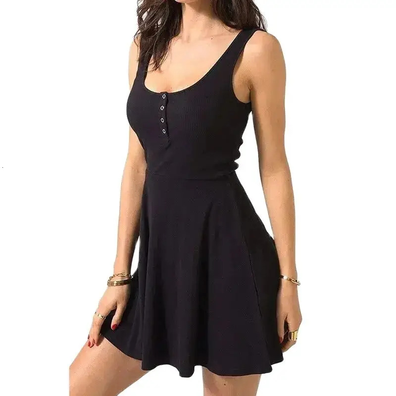 Womens sexy black solid summer dress with tight fitting vest top high waist slim fit color casual 250403e