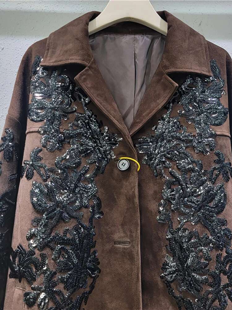 Women's Blazer Notched Collar Embroidery Sequins Brown Faux Suede Vintage Suit Jackets 2025 New Fashion Spring