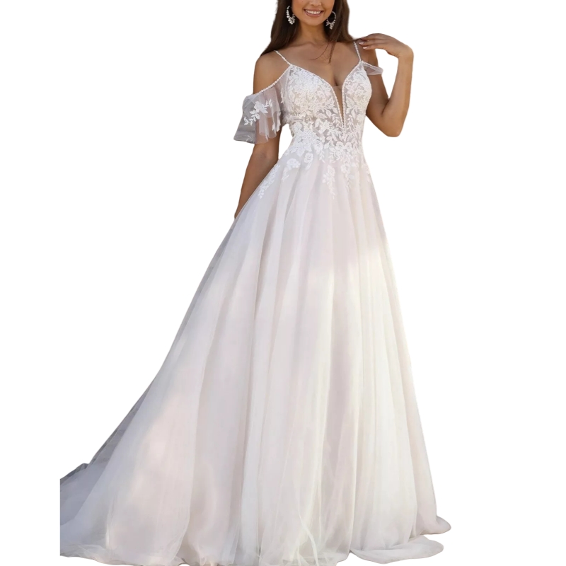 Sexy Backless Beach Wedding Dress Spaghetti Straps Long A-Line Boho Bridal Gown Lace Appliques Drop Sleeves