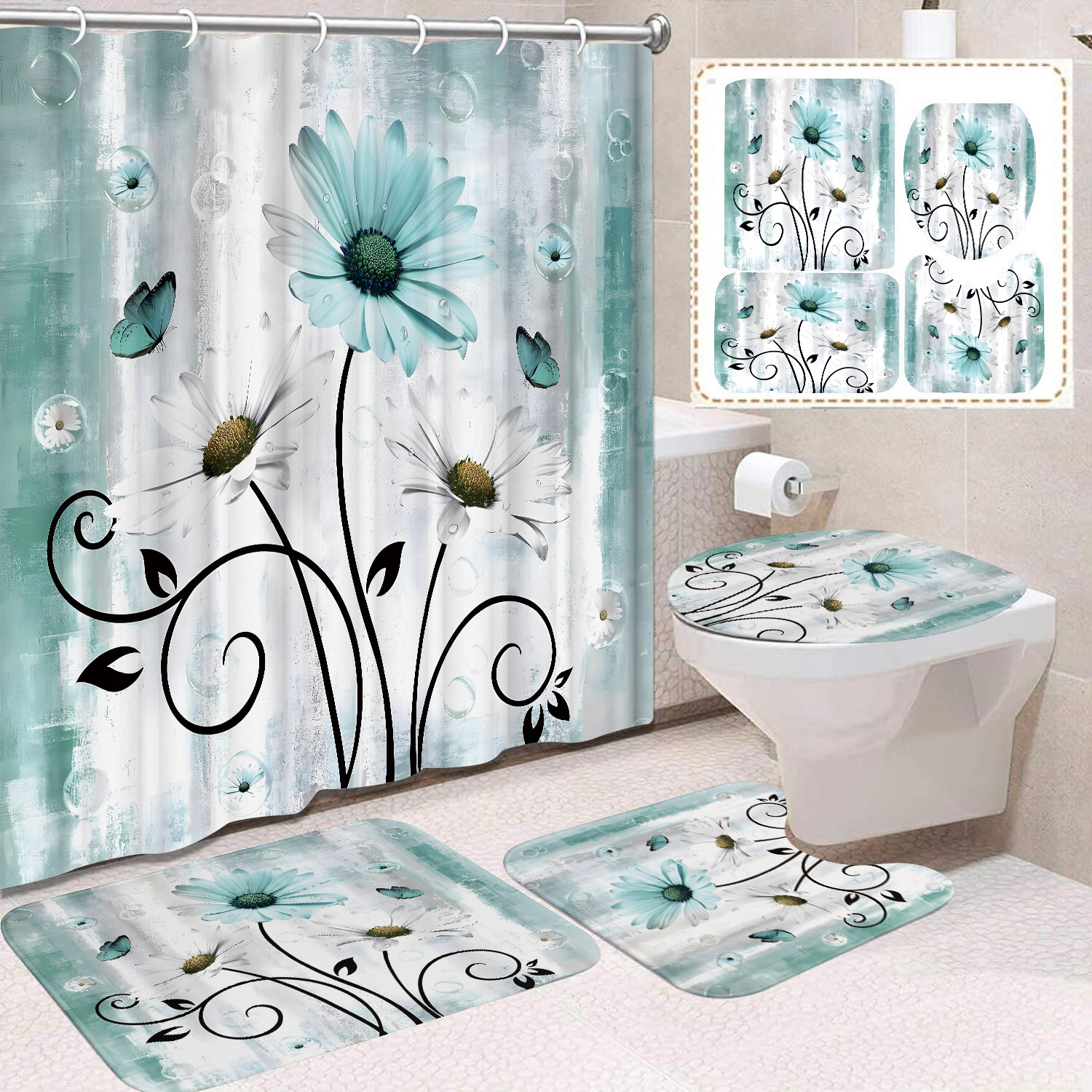YL-37629 Popular 3D Digital Shower Curtain with Kitty Shower Design, Bathroom Dry and Wet Separation, Polyester with Hooks