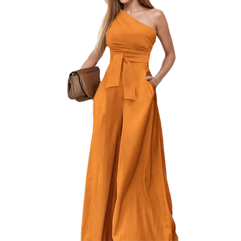 2025 new womens clothing single shoulder waist high waist slimming solid color temperament with jumpsuit for women