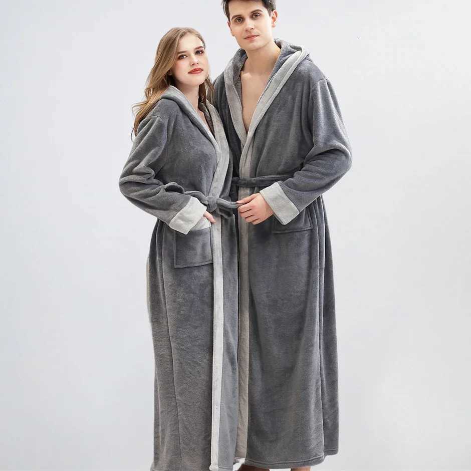 Autumn Winter Flannel Long Bathrobe Kimono Gown Thicken Warm Hooded Robe Home Dress Loose Casual Couple Sleepwear Lounge Wear C251104