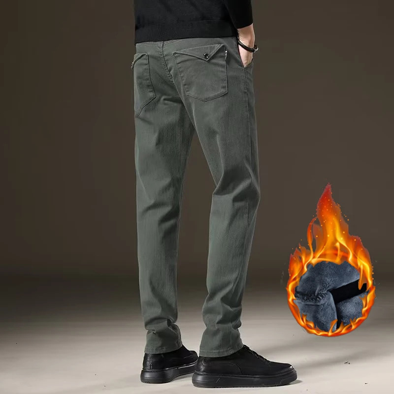 Mens plush thick winter snow warm pants Trouser daily stretch straight leg casual green 250403