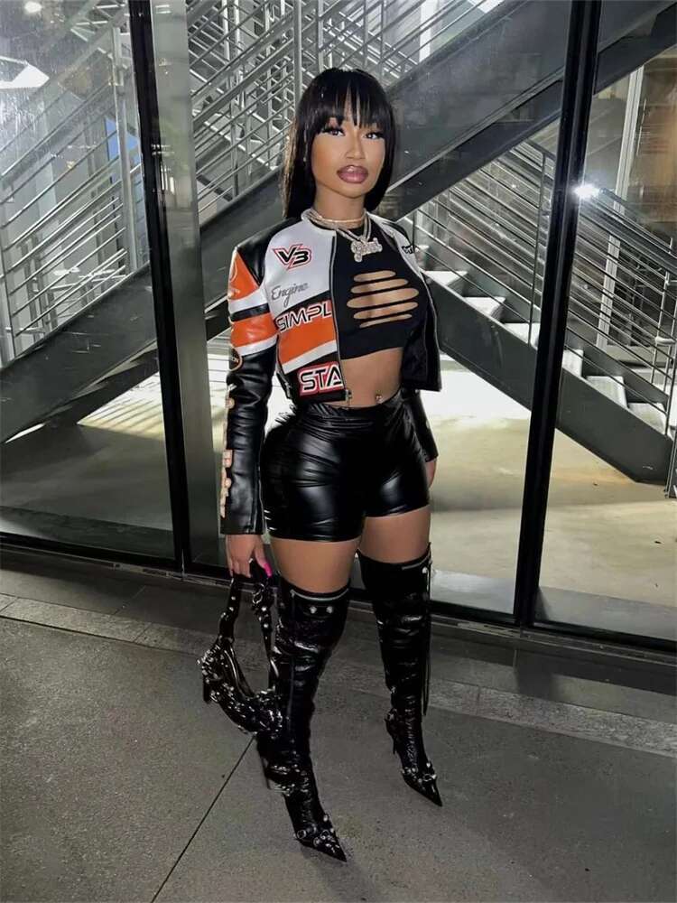 Orange Fashion Streetwear Casual Zip Up Jacket For Women 2023 Patchwork Crop Tops Fashion Jackets Trend Coats