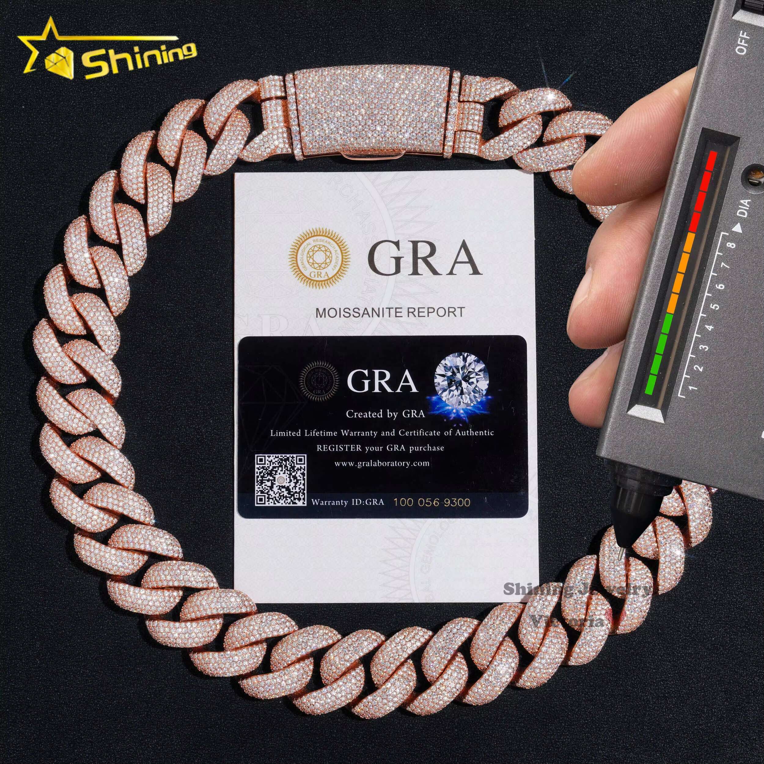 New Arrival Iced Out Rapper Jewelry Moissanite Chain 925 Sterling Silver 25mm Rose Gold Plated Vvs Moissanite Cuban Link Chain