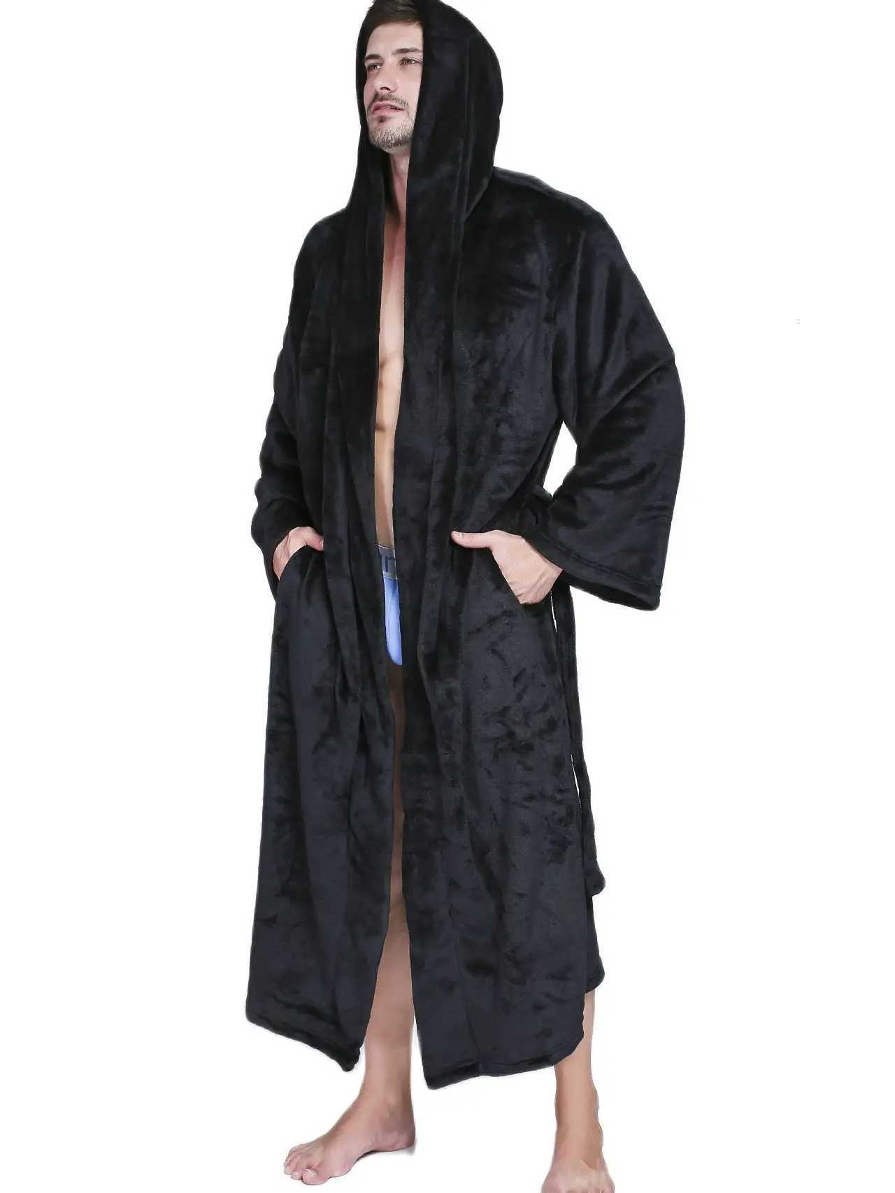 Mens Autumn Winter Warm Plus Size Hooded Long Flannel Fleece Bathrobe Male Black Jacquard Sexy Cozy Robes Night Sleepwear Gown C251104