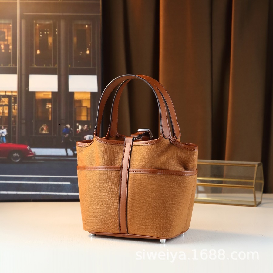 New Fashionable Canvas Bucket Versatile Splicing, Vegetable Basket Lock Women's Bag, Trendy