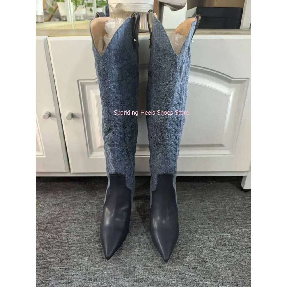Fashion Woman Designer Knee High Pointed Toe Slip On Thin Heel Female Breathable Velvet Black Blue Brown Long Boots Shoes