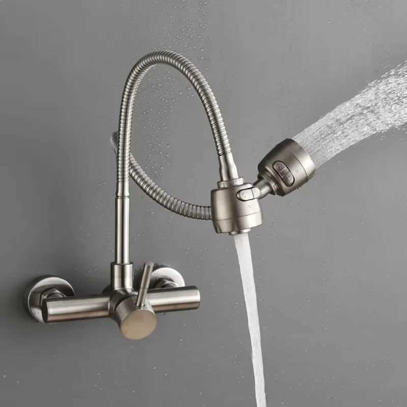 Universal Wall Mounted Stainless Steel Kitchen Faucet Cold and Hot Tap 360 Degree Swivel ible Hose Single Handle Faucet Y251104