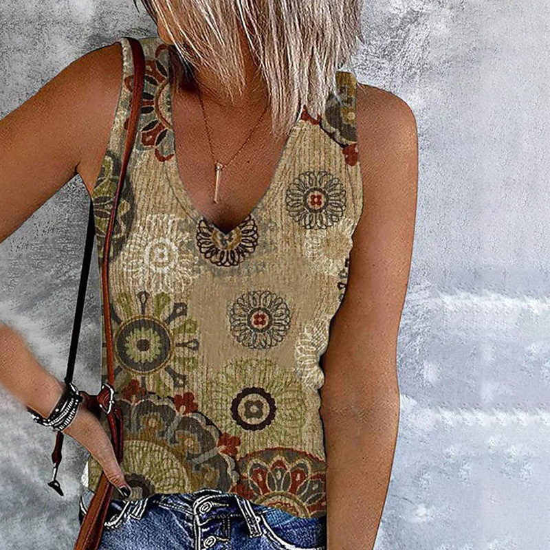 2025 Summer New Women's Casual Print V-neck Sleeveless T-shirt Tank Top