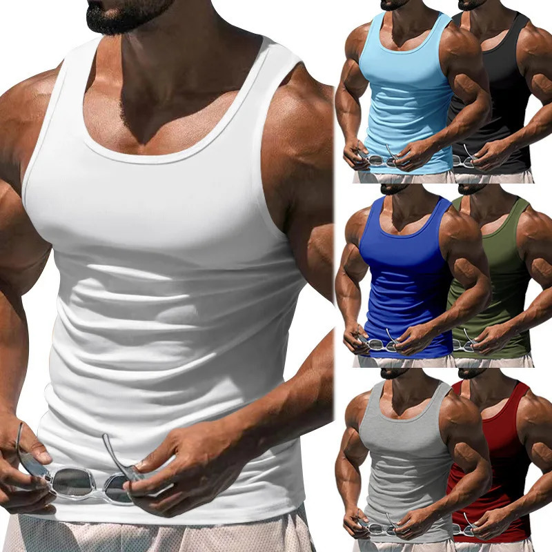 American Vest Summer Europe And The United States Men Stretch Sports Gym Training Tight Hurdle Sleeveless Top Solid Color Vest 250402