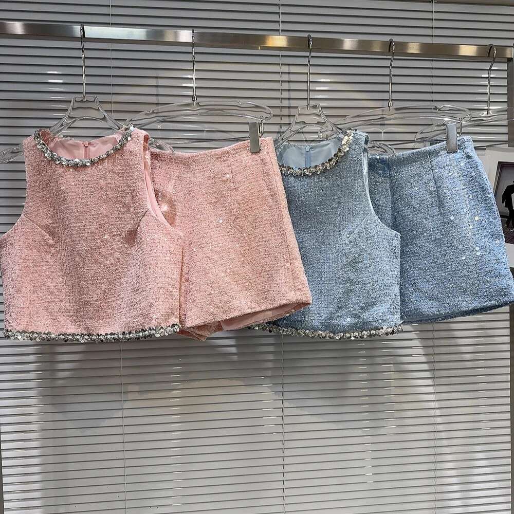PREPOMP 2024 Summer New Arrival Sleeveless Sier Sequins Embroidered Beadings Vest Tweed Shorts Two Piece Set Outfits Gr649