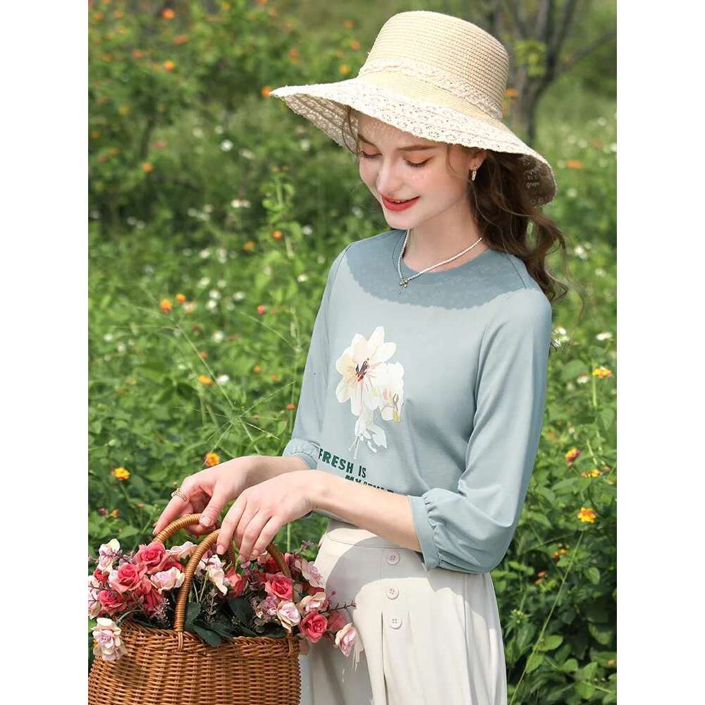 Puff Sleeve Printed Women T-Shirts Spring New Slim O-Neck Office Lady Basics Female Trendy Tops