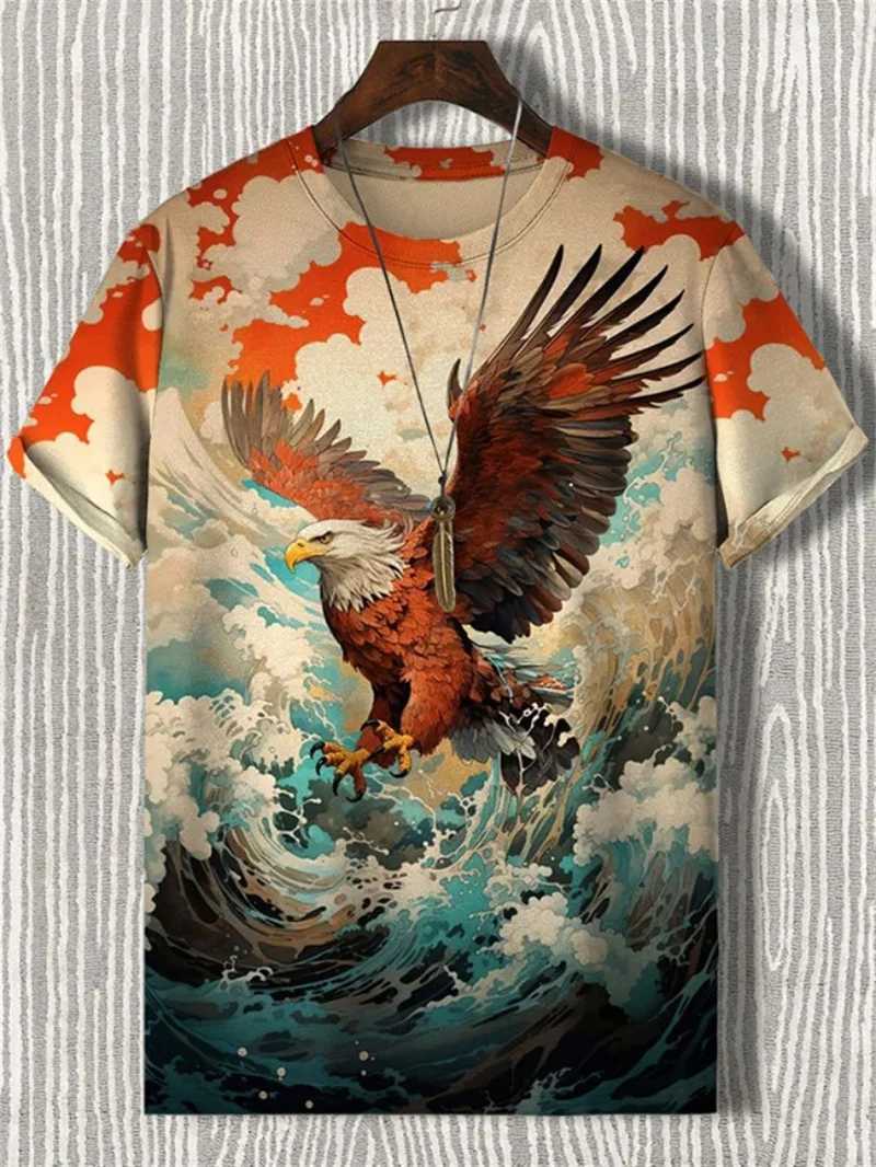 Japanese ukiyo-e graphic T-shirt mens animal wave sun 3D printed T-shirt casual short sleeved T-shirt outdoor oversized O-neck top W250403