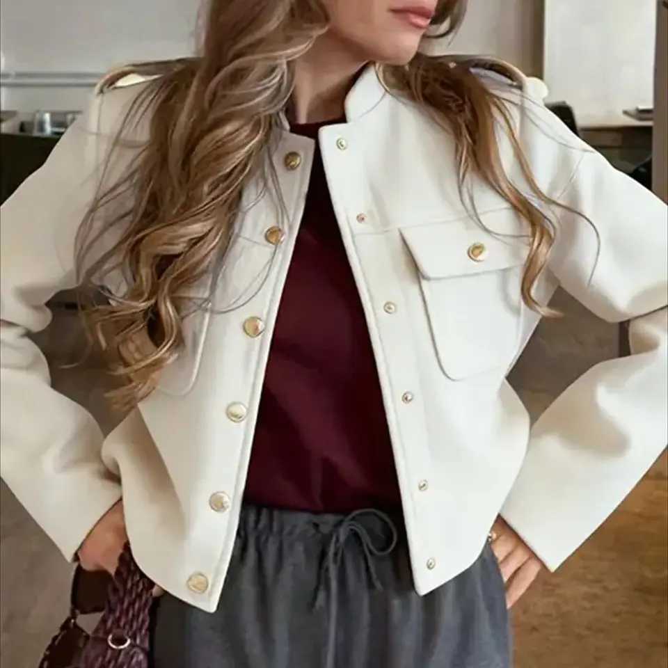 Fashion Button Bomber Jacket For Women 2025 Autumn Winter Stand Neck Coat Single Breasted Pocket Jackets Lady Casual Chic Coats J2511241