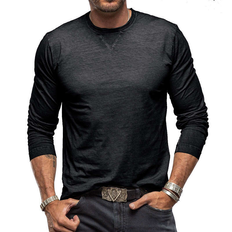 autumn and winter long sleeved round neck T-shirt men's earth pure cotton base shirt top 2025 new casual fashion trend clothing