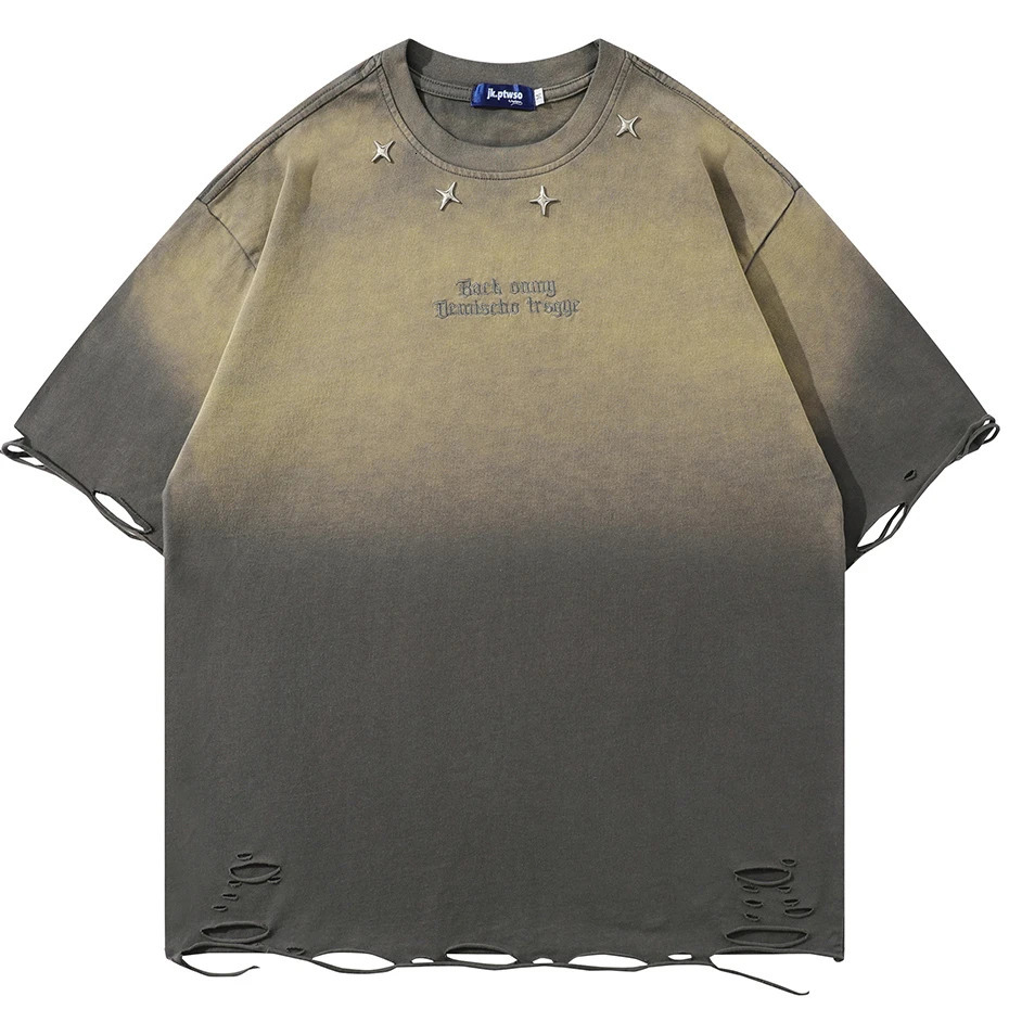 Distressed Ripped T-shirt Metal Star T-shirt Emrboidery Retro Loose T-shirt Mens Harajuku Street Clothing Extra Large Hip Hop T-shirt 250403