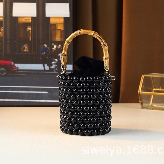 Fashionable Mini Drawstring Bucket Women's New Pearl Chain Hand-Held Bamboo Single Shoulder Crossbody Bag, Trendy