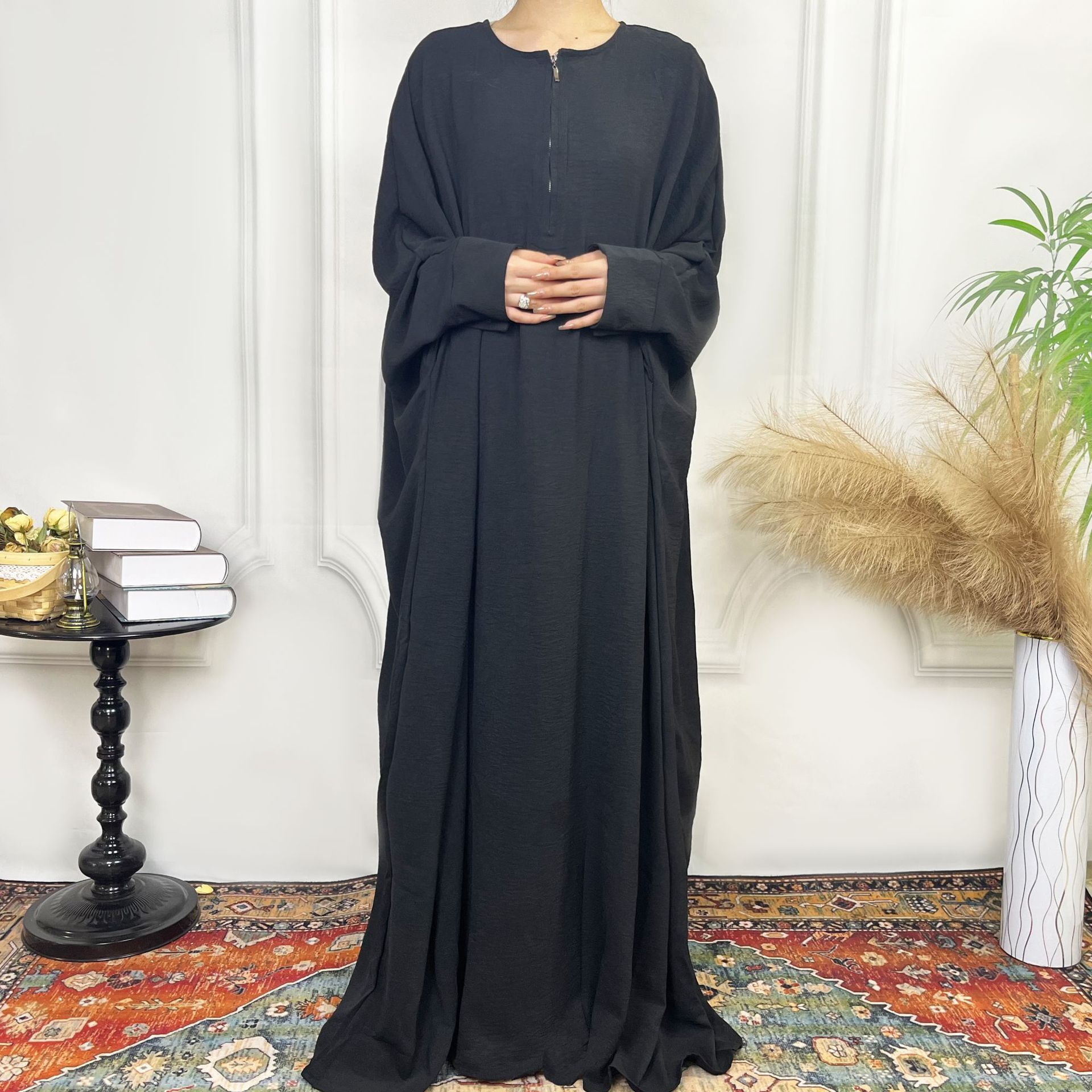 Fashion Solid Color Bat Sleeve Robe Zipper Adhesive Button Integrated Women's Dress Abaya Maxi Dresses Islamic Clothing