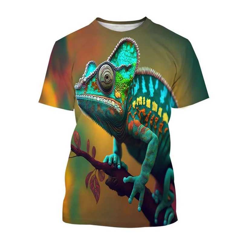 Animal chameleon 3D printed T-shirt mens reptile iguana round neck short sleeved lizard pattern T-shirt fashionable casual top T-shirt W250403