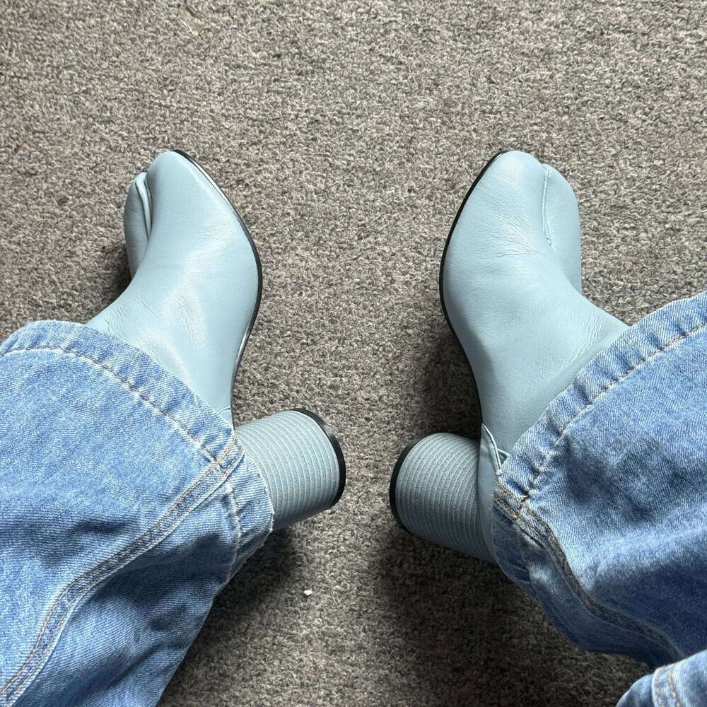 2025 Women Winter Ankle Blue Green Tabi Shoes Split-Toe Boots Genuine Leather