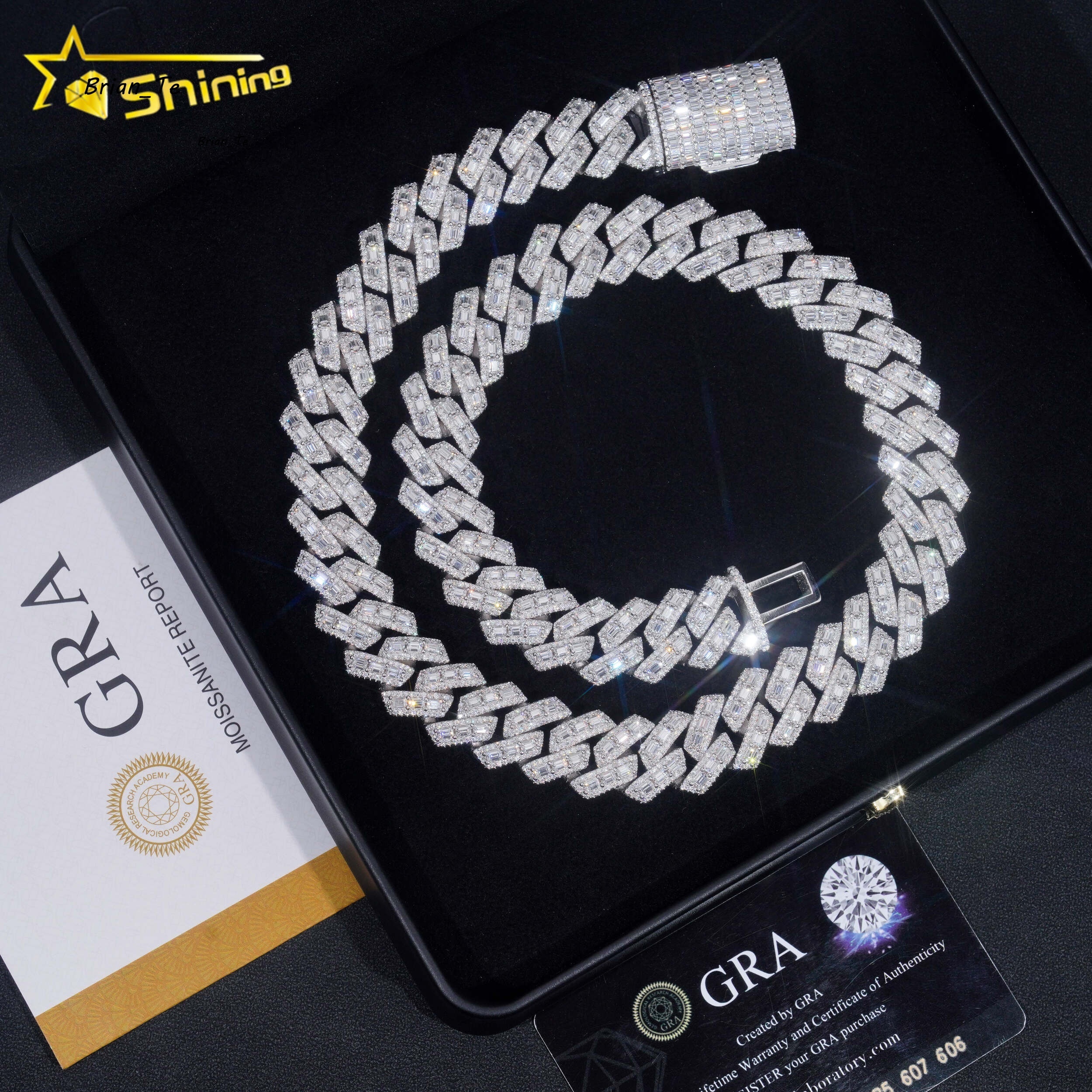 Pass Diamond Tester Rapper Jewelry Iced Out Baguette 18MM 925 Silver Hip Hop Moissanite Cuban Link Chain