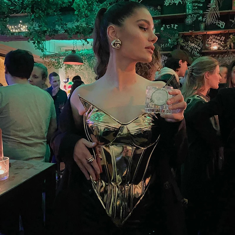 Sexy strapless metal silver crop top womens sleeveless tight corset vest summer night dance costume 250327