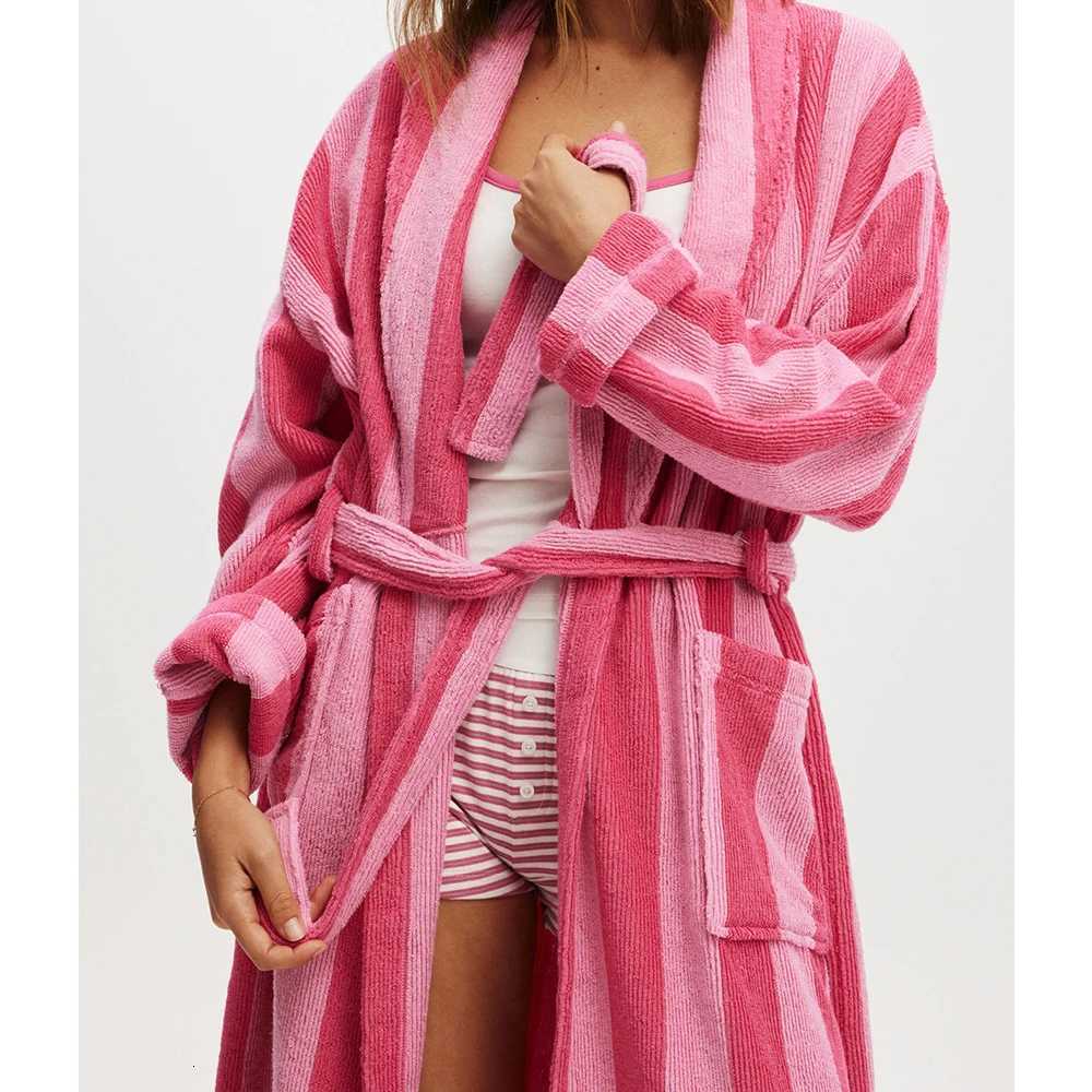 Womens Autumn Winter Shawl Robe Plush Striped Bathrobe with Pockets Long Sleeve Knee Length Nightgown Sleepwear Robes Loungewear C251104