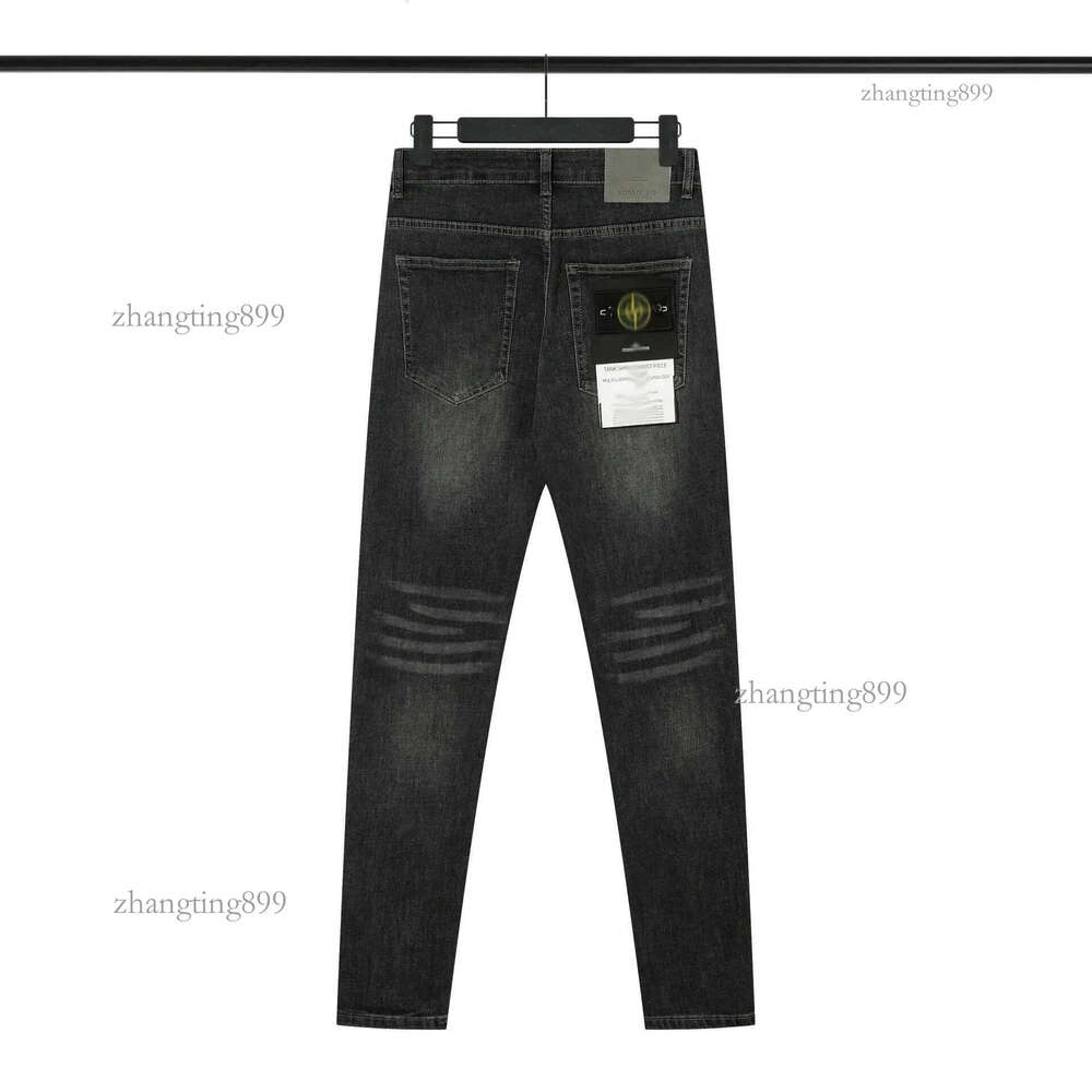 Men's Jeans High elasticity stone jeans small leg pants mens washed backpack embroidered badge ultra-thin fit casual jeans T241104