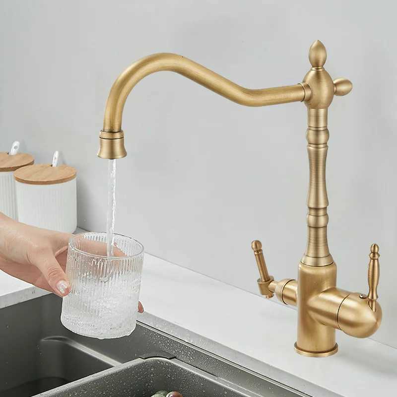 Brass antique light luxury three-in-one e water faucet household sink wash basin hot and cold water faucet splash-proof E1489 Y251104