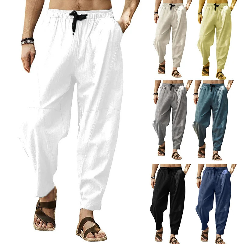 Cotton Linen Harem Pants Men Solid Elastic Waist Streetwear Joggers Baggy Drop-crotch Pants Casual Trousers Men 250402