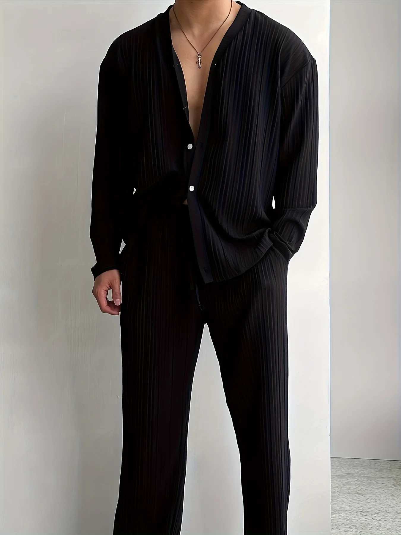 New mens commuter twopiece set casual buttondown shirt long sleeve pants cool mens summer suit the best choice for casual J251104