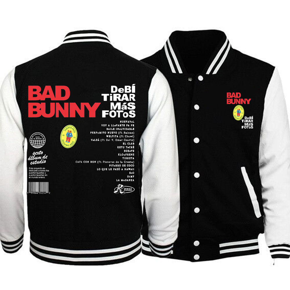 Bad Bunny Debi Tirar Mas Fotos Hoodie Baseball Uniform Jacket Women Men Baseball Jacket Hoodie Harajuku