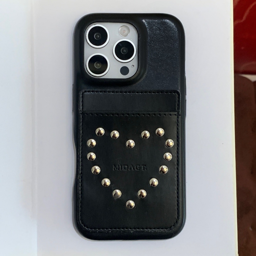 Rivet Heart Solid Color Card Holder Phone Case Compatible with iPhone 17/16/15 Pro Max iPhone 14/13 Pro Niche