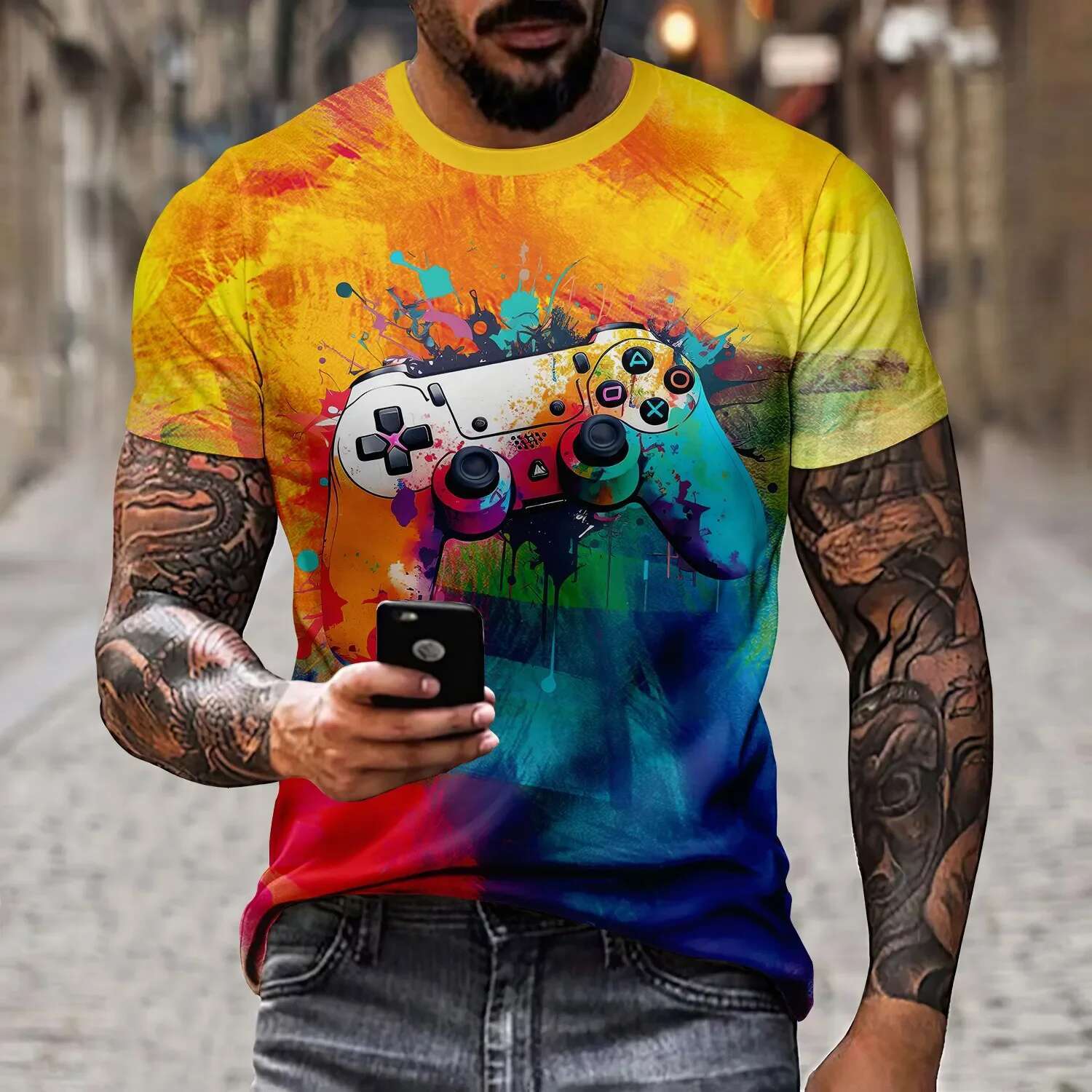 Men's artistic color entertainment game controller pattern e splicing T-shirt 3D printed casual short sleeved fashionable top