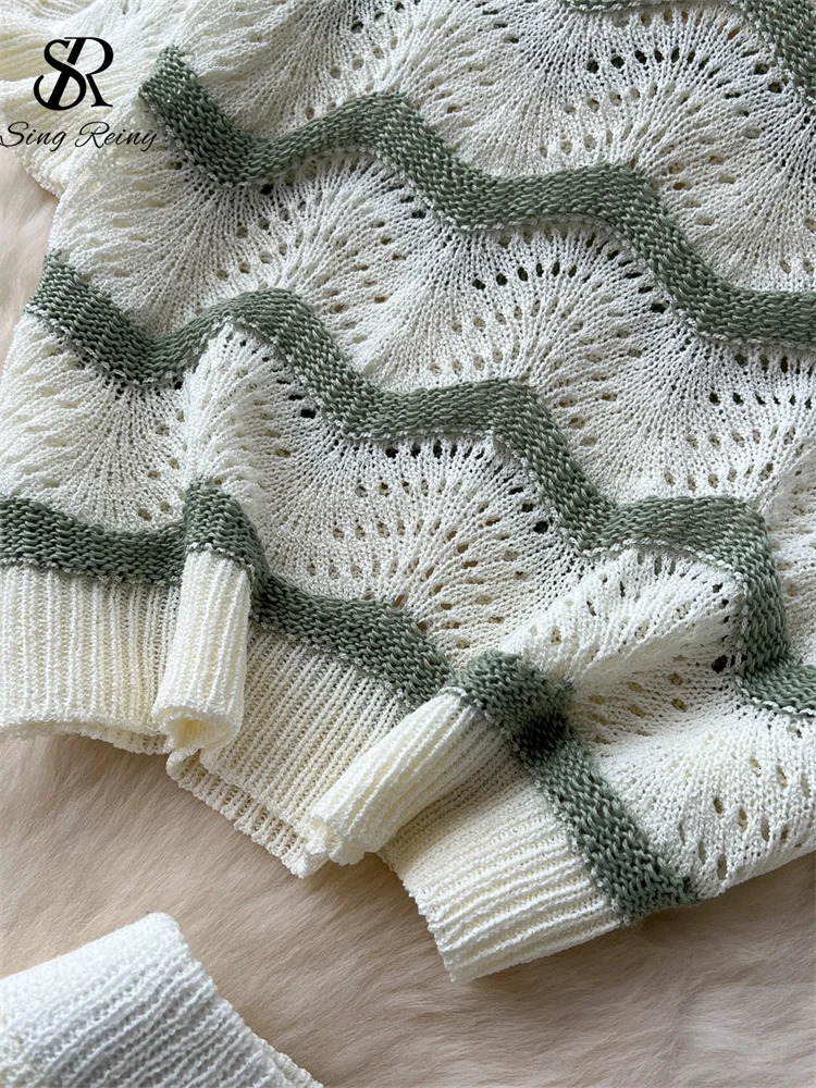 SINGREINY Summer Beach Knitted Suits Loose Basic TopsHigh Waist Long Skirt Hollow Out Striped Korean Female Two Pieces Sets 250403