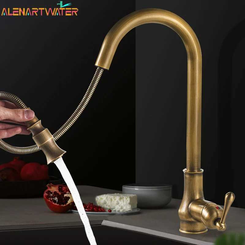 Antique Kitchen Faucet Pl Out Spray Kitchen Sink Single Handle Deck Mount Water Crane 360 Rotation Hot Cold Water Mixer Tap Y251104