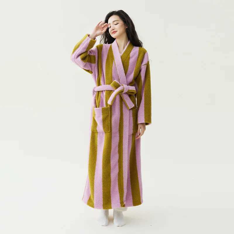 Thickened Flannel Robe Pants Pajamas Set Autumn Winter New Couple Coral Velvet Women Men Bathrobe Striped Lengthed Home Clothes C251104