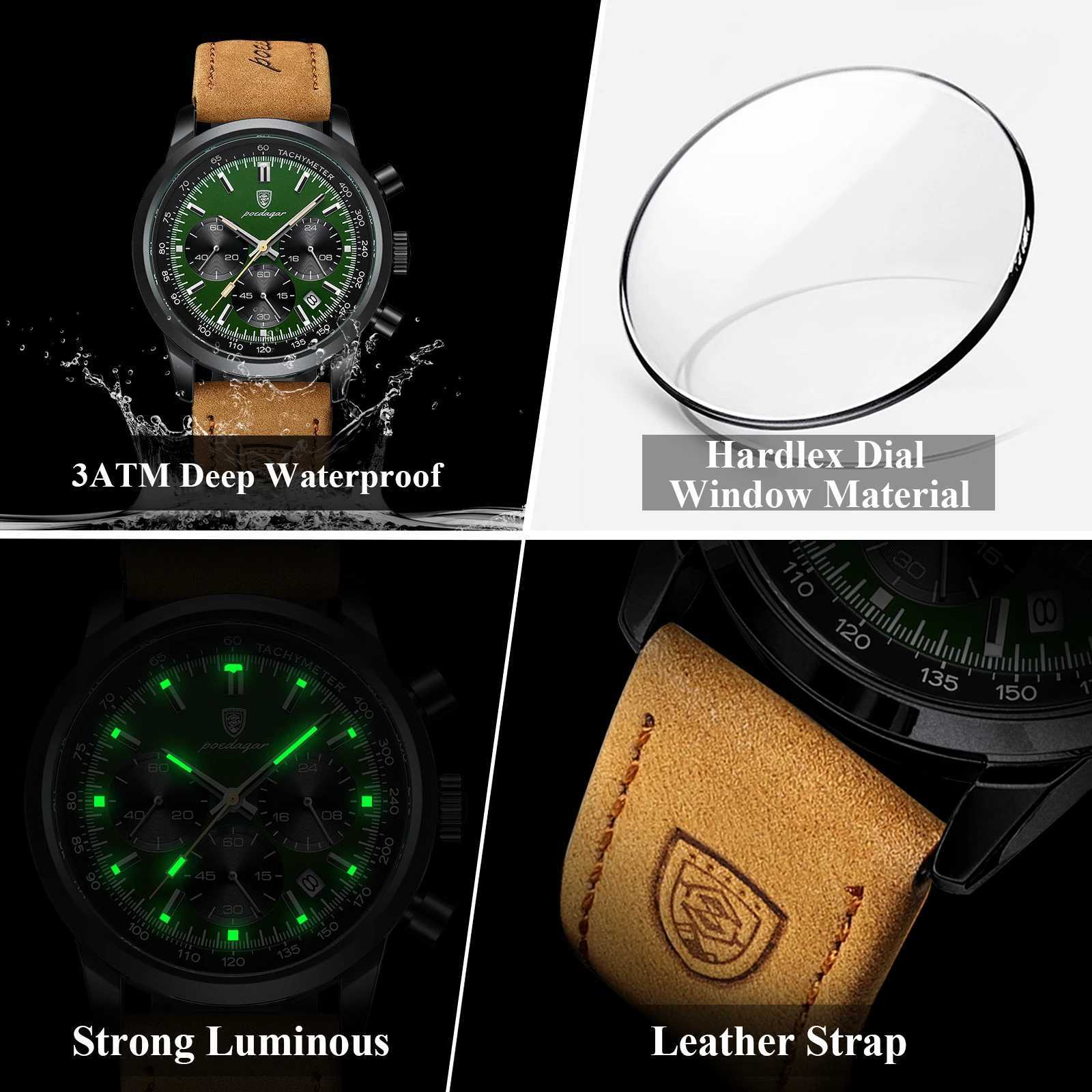 POEDAGAR Luxury Sports Men Watch Waterproof Luminous Chronograph Leather Male Watch Fashion Military Quartz Mens Watches RelojT251104