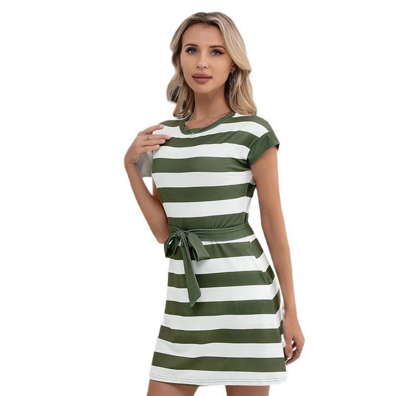 2025 new womens casual loose vacation style striped lace up short sleeved dress